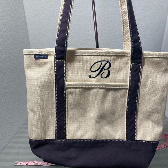 Lands End Canvas Tote Beige and Navy w/ letter "B" Good Condition. Pre-Owned - Picture 3 of 14